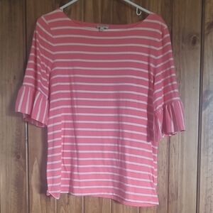 Talbots Coral Striped Ruffle Sleeve Blouse. Size M
